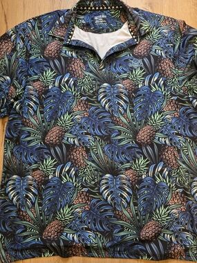 Tattoo Golf Shirt Men Aloha Hawaiian Pineapple Skull Polo Blue Cool Stretch 3XL
